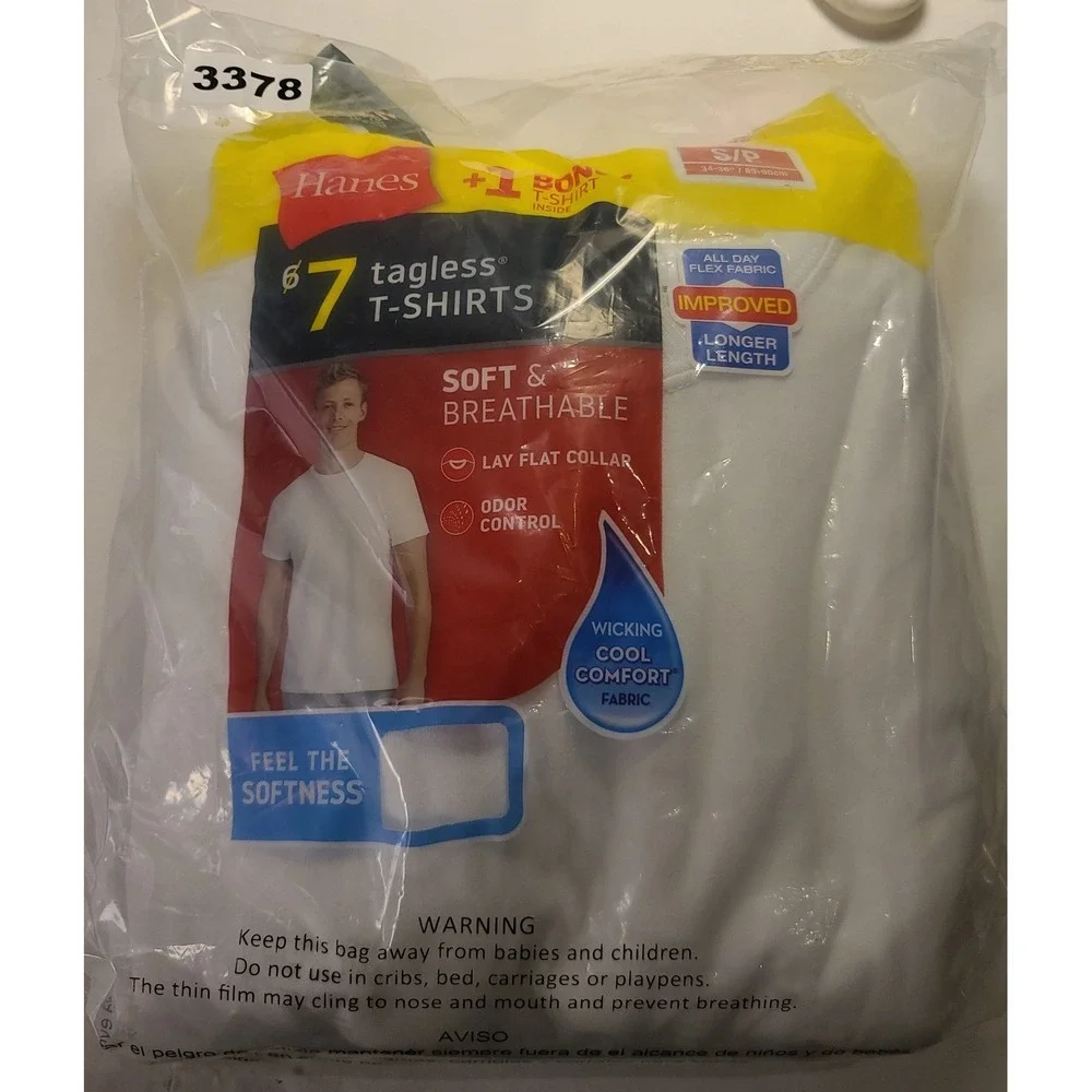 Hanes Men's 7 Pack Tagless Crew Neck T-Shirts White Cotton T-Shirt Size S NWT